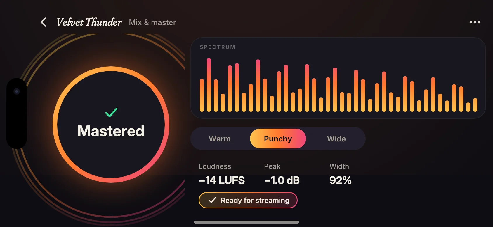 App screen: mastered track at minus 14 LUFS, ready for streaming