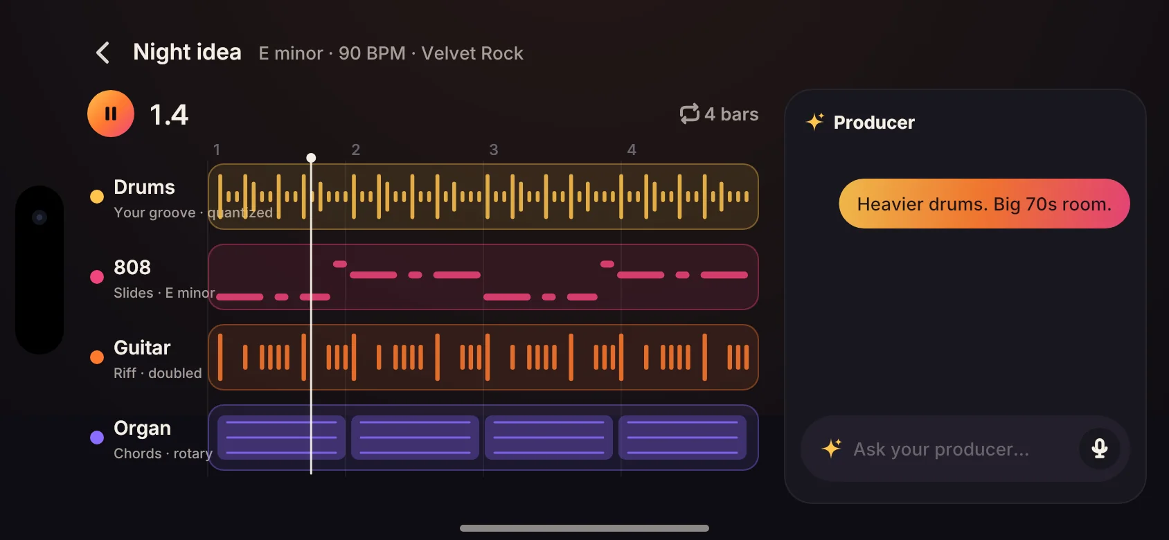 App screen: drum, 808, guitar and organ lanes with a chat asking for heavier drums