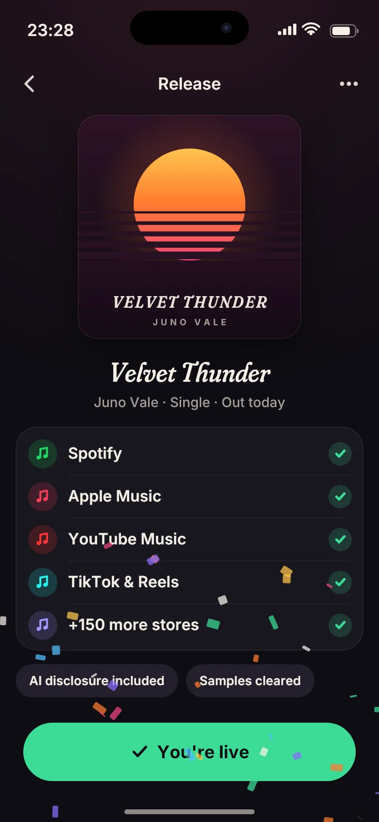App screen: a single being released to Spotify, Apple Music, YouTube Music and TikTok